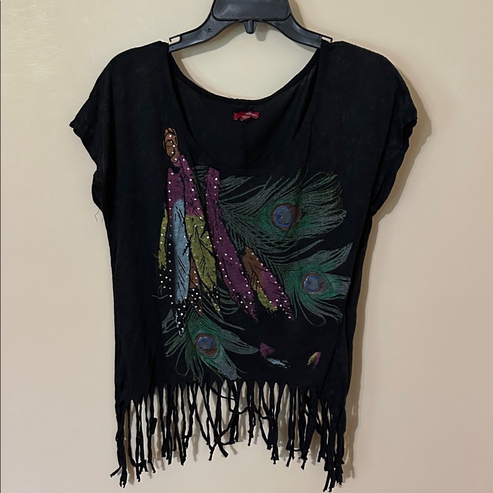 BONGO Black fringe Top with Colorful Peacock Design XL